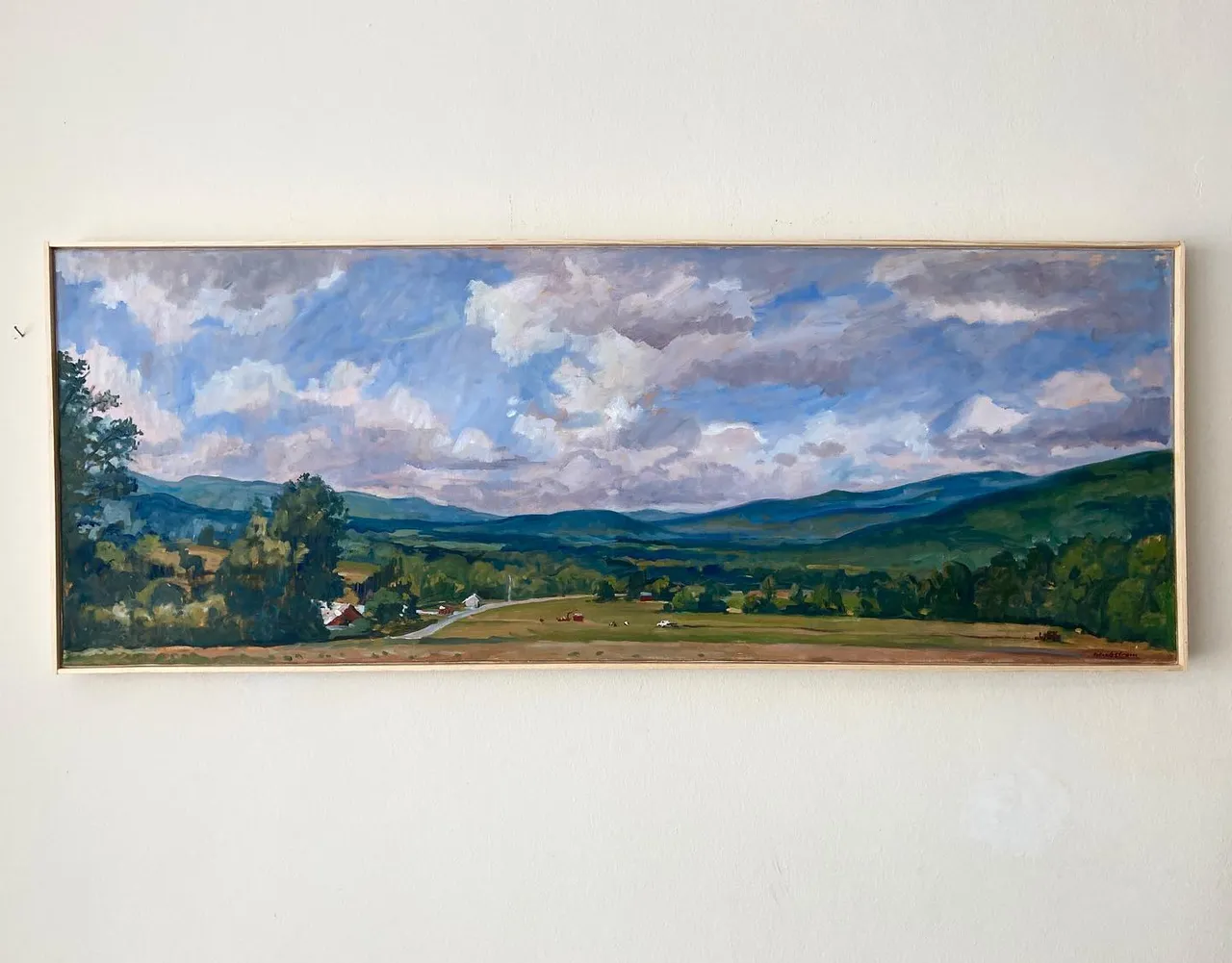 I posted this last year the day I painted it. Now it’s headed for someone else’s wall. It’s big- 4 feet wide - and it was a good sale for me. Looks nice wit a little strip frame. That’s the extent of my framing skills. 18x48 oil on linen #berkshiresfineart #pleinairlandscapepainting #allaprimalandscape #pleinairsummer #pleinairpainting #northernberkshires #allaprimalandscape #berkshirespleinair #paintingsoftheberkshires