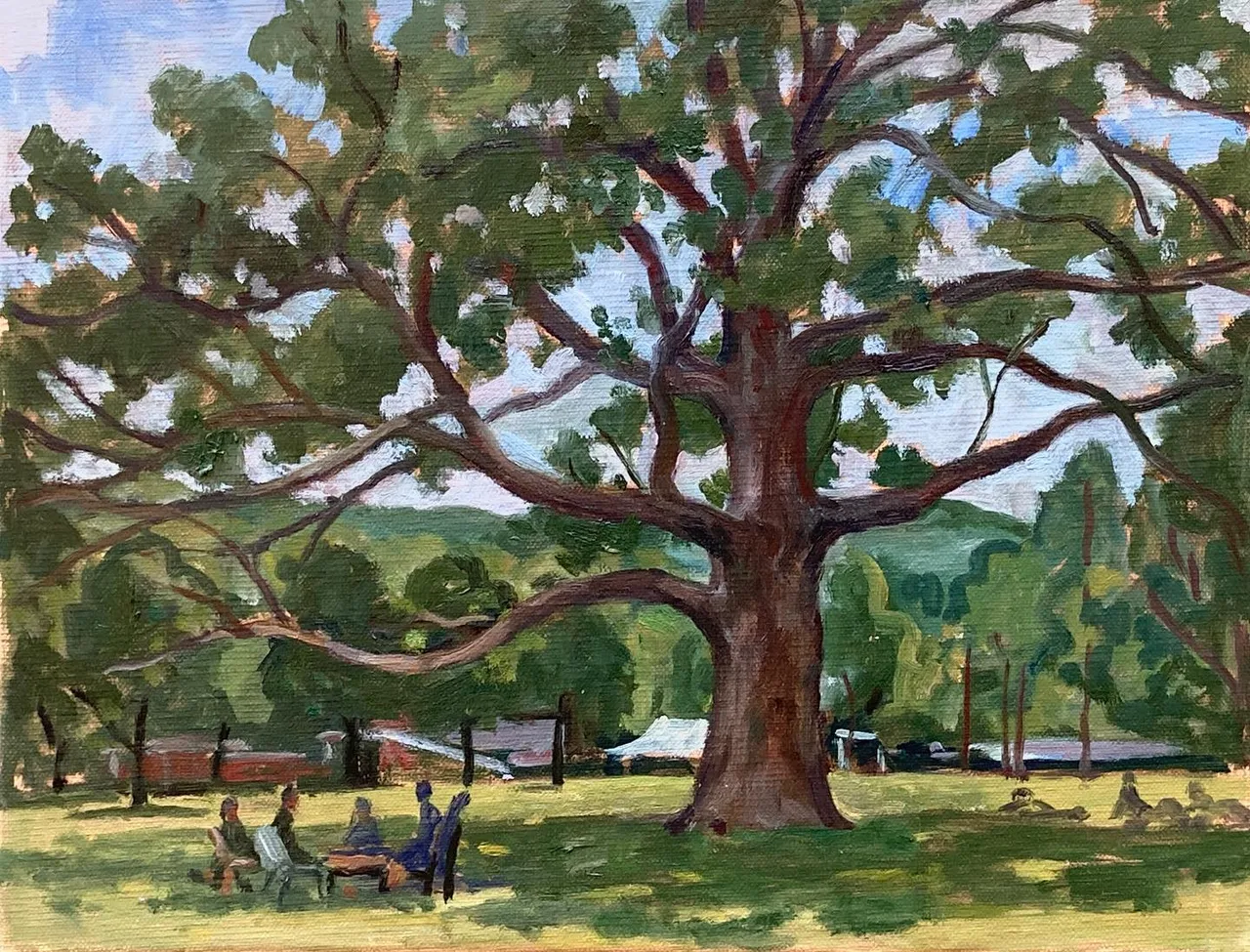 Today at #tanglewoodmusicfestival, #tanglewoodonparade , painting under the tree. 11x14 oil on linen #lenoxmassachusetts #bostonsymphonyorchestra #originalfineart #pleinairlandscapepainting #pleinairsummer #pleinairpainting #northernberkshires #allaprimalandscapeoilpainting #berkshirespleinair #paintingsoftheberkshires #paintingsoftanglewood #paintingsoftheberkshires