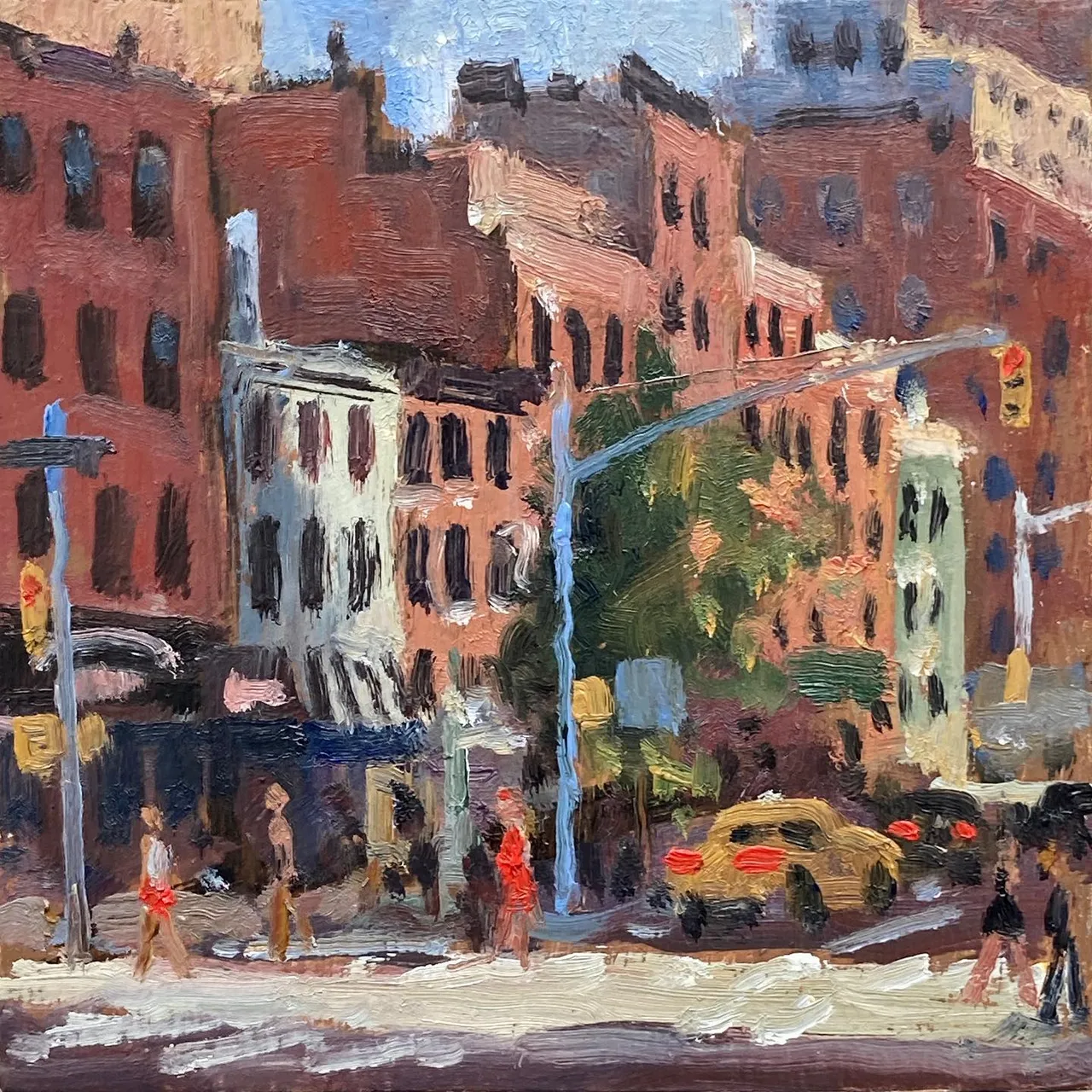 A teeny tiny sketch from my car - Saturday afternoon on 9th Avenue in Chelsea - 4x4 oil on panel #paintingsofnyc #paintingsofchelsea #newyorkcityscapes #goldenhournyc #nyctenements #newyorkcityscapepaintings #newyorkcityscapepainter #newyorkcityscapepainting #nycstreetpainter