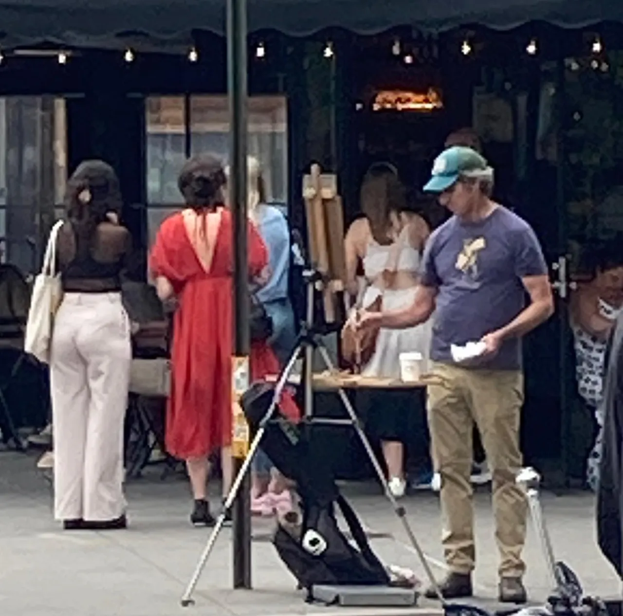 Out there painting old New York, what’s left of it. 7th Avenue South in the Village yesterday with my painting buddy @petesinjin. Flat and overcast light. 10x10 oil on panel, available, DM me or follow the link in bio #villagecigarsnyc #newyorkcityscapepaintings #paintingsofnyc #villagecigars #paintingsofgreenwichvillage #paintingsofnewyork #nyclandmark #newyorklandmarks