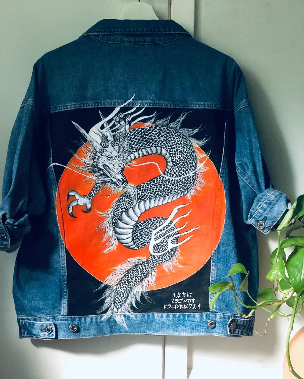 "D R A G O N"
.
.
Custom piece, women's overside Jean jacket🐲
#custommade #handpainted #custommadejeanjacket 
#dragon #custompiece #art