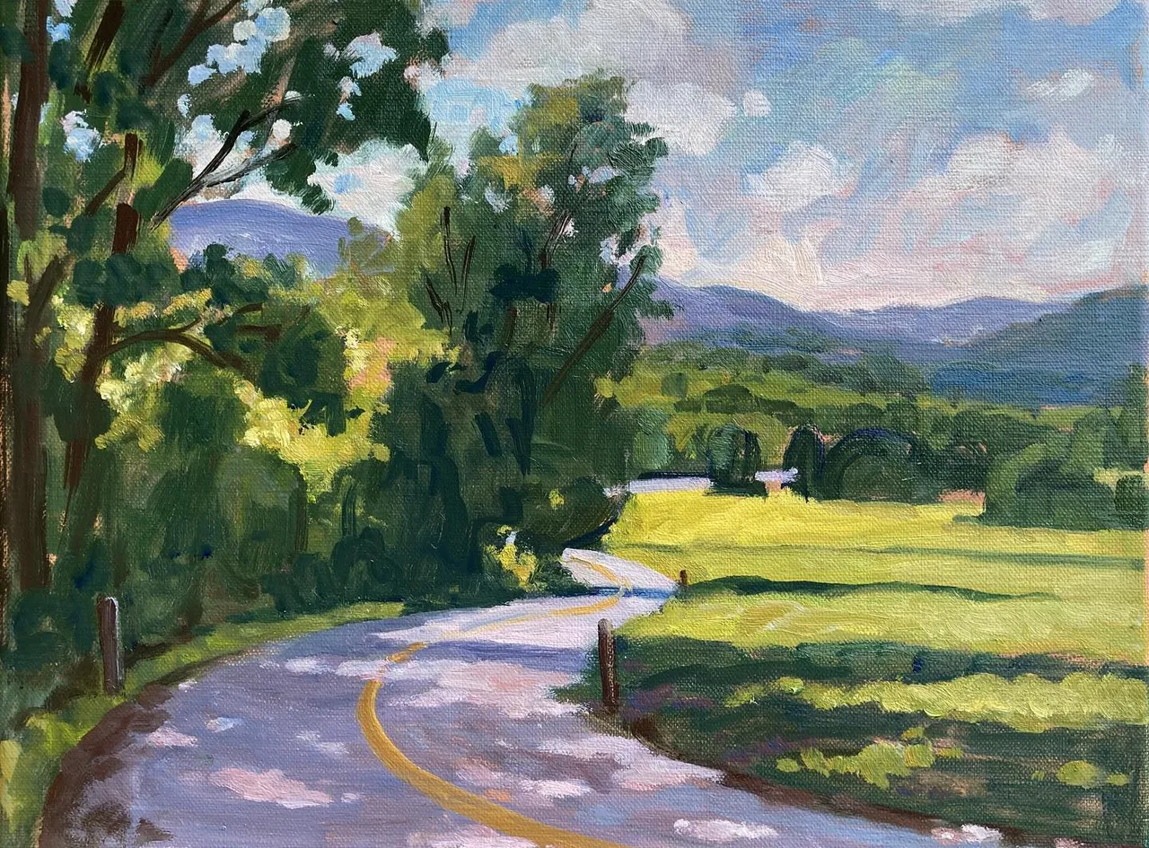 Last time I painted from here is was in July (second image) The colors have changed a lot. The sun is lower in the sky and more to the south, so the light has changed, too. This one’s 18x24 oil on linen. #berkshirespaintings #pleinairlandscapepainting #allaprimalandscape #pleinairsummer #pleinairpainting #northernberkshires #allaprimalandscapeoilpainting #berkshirespleinair #paintingsoftheberkshires #autumnlandscapepainting