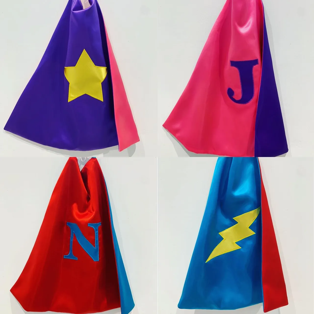 Super hero capes hot off the sewing machine and flying off to their new owners! Available to order with matching cuffs and masks on our Etsy shop. #superherocape #handmadechildrensclothes #kidsgiftideas #superherokids #superherokidsparty #madeingreenwich #deptforddoesart #solocraftfair #shopsmall #shoplocal #shopsmalllovelocal #shopsmallbrands #shopsmallspreadjoy #shopsmallchristmasuk #appliquework #personalisedgifts