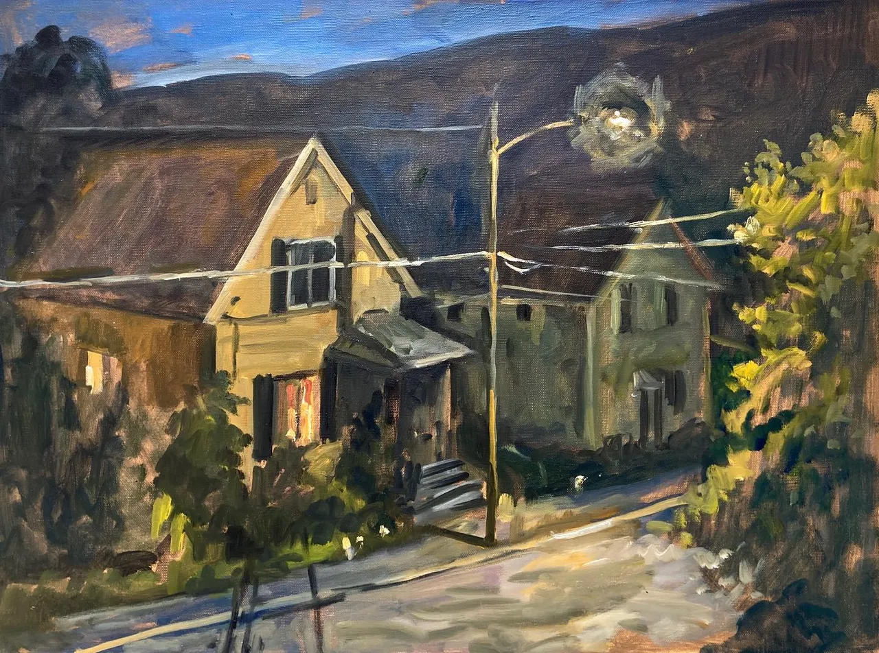 in progress. I love our summer night porch view. This one needs something, Maybe a dog walker. 18x24 oil on linen #paintedfromlife #pleinairsummer #pleinairpainting #northernberkshires #allaprimalandscapeoilpainting #berkshirespleinair #paintingsoftheberkshires #summernocturne #americanhouses