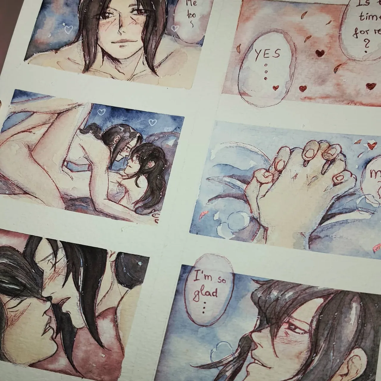 [Oath]
Made this as a Valentine's gift for my girlfriend, based on a fanfiction of hers 💕
(Where Madara and Itachi reincarnate a bunch of times before being able to have a proper relationship.)
.
This was all comfort-zone tbh. It gave me the urge to draw more soft comics.
I have to finish one commission and two designs, but I will return to my kinky stuff afterwards .w.
.
#shounenai
#madaita #madarauchiha #itachiuchiha #yaoiart #yaoiartwork #yaoiartist #naruto #watercolor #aquarell #yaoikünstler #deutschmangazeichner #deutschekünstler #fujoshi #fudanshi #イラスト #腐女子#腐男子 #やおい