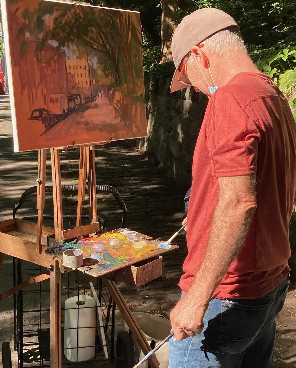 From last month, a little sketch from E 12th Street. Also, a nice lady took my picture while I was working today in Inwood. 8x10 on linen, available #paintingsofnyc #paintingsoftheeastvillage #eastvillagepaintings #eastvillagepainter #eastvillageart #eastvillagecityscape #e12streetnyc #newyorkcityscapepainter #newyorkcityscapepaintings #pleinaircityscape