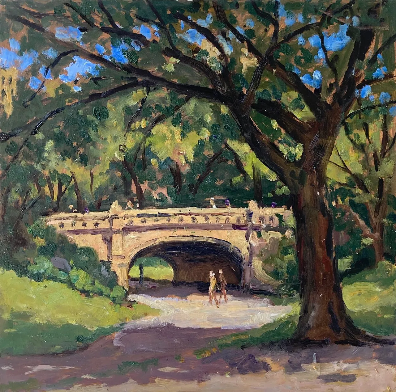 Saturday morning, while my 10 year old chess hustler played a school tournament, I shuffled around Central Park painting. This is the #daleheadarch looking west. No easel, just painted sitting on the grass. The hardest part is getting up. The second hardest part is getting the wet oils home unscathed. 12x12 oil on panel, available, link in bio #paintingsofnyc #paintingsofcentralpark #paintingsoftheupperwestside #nyclandscapepainting #newyorkcityscapepaintings #newyorkcityscapepainter #newyorkcityscapepainting #nycstreetpainter #newyorkpaintings
