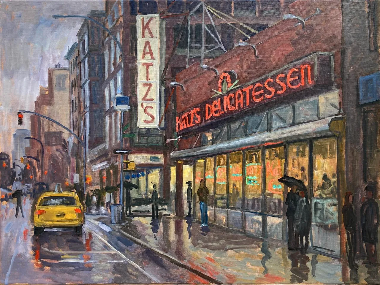 A few days ago the weather was like today, cold and rainy, and I had 3 hours in front of me. Then the parking gods opened up this space. I have always wondered what’s the largest canvas I can paint from the front seat, and this view of Katz’s s justified an attempt at something big. By the way, a Katz’s pastrami on rye is $26, but for a normal sized person that’s several meals. Shabbat shalom! 18x24 oil on linen DM me for availability #newyorkcityscapepainting #katzsdeli #newyorkstreetpainting #katzsdelicatessen #paintingsofnyc #paintingsofthelowereastside #pleinairpainting #pleinaircityscape #nycrain #newyorkcityscapes #kosherstyle #newyorkneon #paintingfrommycar #jewishnyc