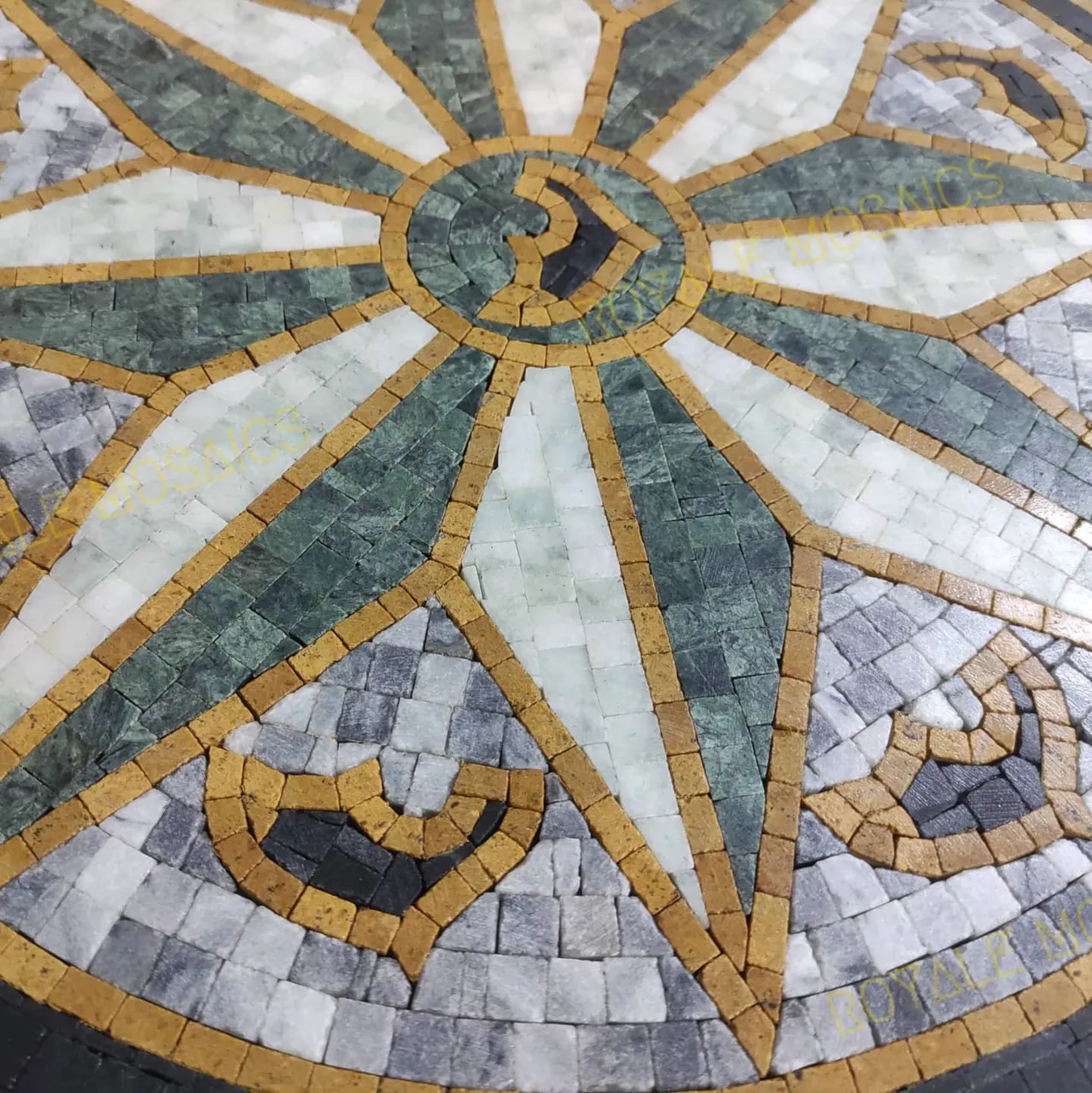 #grey #black #fish #compass #nautical #marblemosaic #mosaic #star #floor #wall #green
