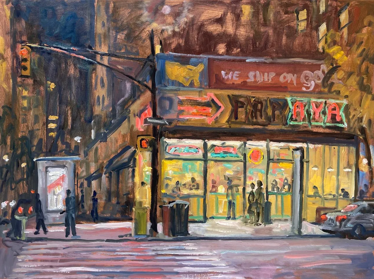The Last Days of the Papaya King. Set off last night on a mission to paint a large night scene of this fine NYC establishment. It’s living out its last decrepit days on the upper east side. 86th street was once a bustling honky-tonk strip, with movie theaters and neon lights. Appropriately, the King is the last standing. With a nod of gratitude to Henri, Sloan, Luks, Marsh et al for the inspiration to go out and paint the city at night. 18x24 oil on linen, available #newyorknocturne #papayakingnyc #Cityscapenocturne #nocturnepainting #nycnightpainting #newyorkrealism #newyorkcityscapepainting #paintingsofnyc#newyorknightscene #nightcityscapepainting #nightpaintings #nycdeli#classicnyc#newyorkstorefronts #nycstorefronts#pleinairpainting
