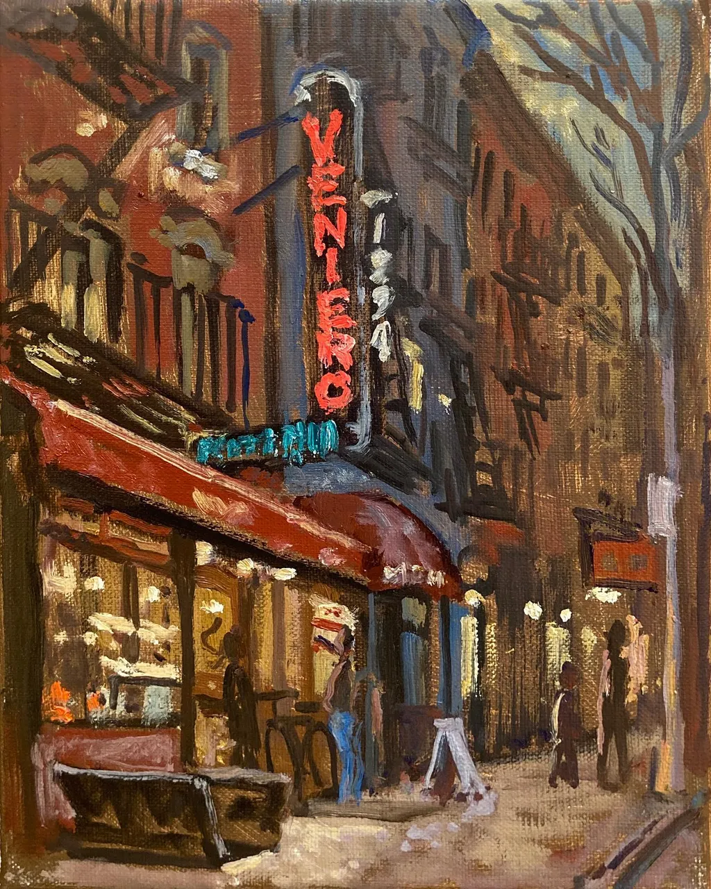 A little New York Italian dolcetto,  painted from a sidewalk in the East Village yesterday evening. 8x10 oil on linen #venierospasticceria #venieros #newyorkitalian #pleinaircityscape #pleinairnyc #nocturnepainting #classicnyc #nycstorefronts #cityscapepainting #newyorkneon