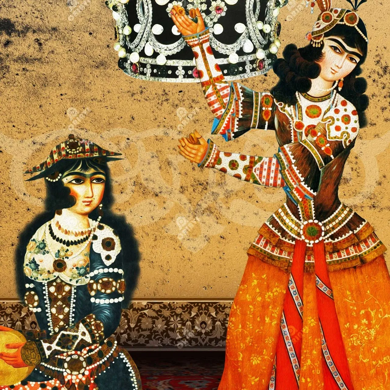 ✅ In this design, old Iranian #murals and the #Pahlavi Crown have been used. The Pahlavi Crown (#Persian: تاج #پهلوی) was the coronation crown used during the Pahlavi dynasty (1925–1979). It is held amongst the Iranian crown jewels by the current government of Iran.

█ Designed by one of the best Persian digital and hands-on designers.

✅ DELIVERY TIME: 8 - 12 Business Days
✅ Made in USA, Canada, UK, Europe or Australia.
✅ Items will ship from the nearest facility to your address.

█ This art print displays sharp, vivid images with a high degree of color accuracy. Choosing this high-quality reproduction offers you the best of both worlds of quality and affordability.
#oriavi #persianwallart #persianhomedecor #iraniangifts #persianartwork #modernart #persianart #persianrug