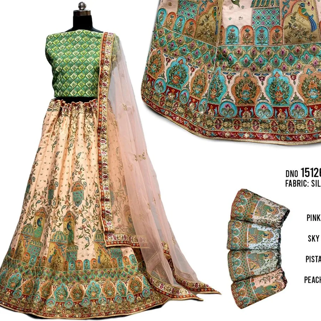 #lehengacholi #lehengacollection #lehengadesign #weddinglehenga #receptionlehenga #engagementlehenga #bridesmaidlehenga #girlishlehenga #rawsilklehenga #handprinted #green&peachrawsilklehenga