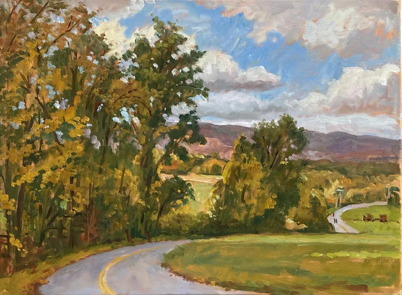 Last time I painted from here is was in July (second image) The colors have changed a lot. The sun is lower in the sky and more to the south, so the light has changed, too. This one’s 18x24 oil on linen. #berkshirespaintings #pleinairlandscapepainting #allaprimalandscape #pleinairsummer #pleinairpainting #northernberkshires #allaprimalandscapeoilpainting #berkshirespleinair #paintingsoftheberkshires #autumnlandscapepainting