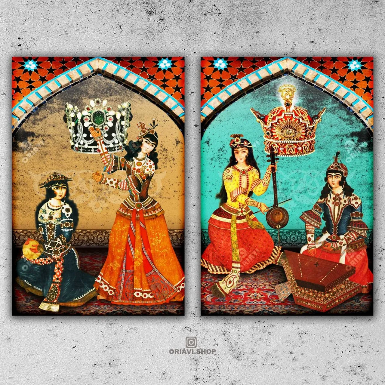 ✅ In this design, old Iranian #murals and the #Pahlavi Crown have been used. The Pahlavi Crown (#Persian: تاج #پهلوی) was the coronation crown used during the Pahlavi dynasty (1925–1979). It is held amongst the Iranian crown jewels by the current government of Iran.

█ Designed by one of the best Persian digital and hands-on designers.

✅ DELIVERY TIME: 8 - 12 Business Days
✅ Made in USA, Canada, UK, Europe or Australia.
✅ Items will ship from the nearest facility to your address.

█ This art print displays sharp, vivid images with a high degree of color accuracy. Choosing this high-quality reproduction offers you the best of both worlds of quality and affordability.
#oriavi #persianwallart #persianhomedecor #iraniangifts #persianartwork #modernart #persianart #persianrug