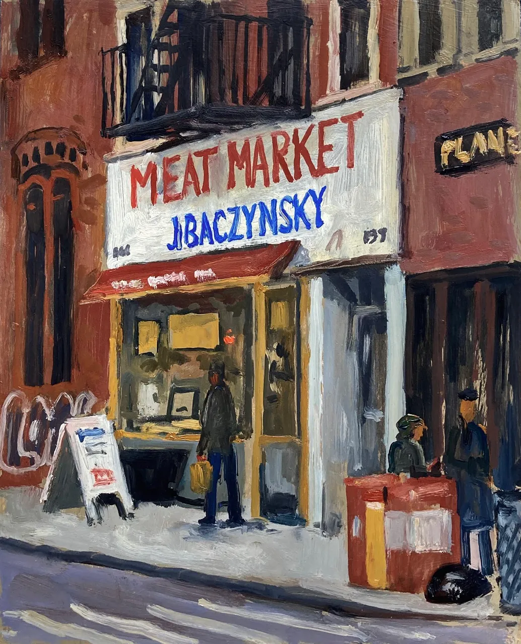Tuesday on second Avenue. While the staples of my youth- St Marks Movie theater, Second Ave Deli, Gem Spa and oh so many others fell to development, this butcher shop has somehow endured. Also, what a great sign. I like the brushy effects I get painting on panel. If it makes you think at all of the New York Ashcan painters, then I’m a happy man. 8x10 DM me for availability #nycstorefront #paintingsoftheeastvillage #newyorkoilpainting #jbaczynskymeatmarket #cityscapepainting #pleinaircityscapes #pleinairpainter #pleinevoiture #secondavenuenyc