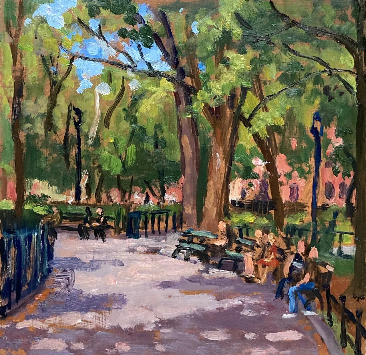 Painted this small oil from a favorite corner in Tompkins Square yesterday. I love painting the red buildings popping through the spring green trees, and the dappled light on the path. 8x8 oil on panel , available #paintingsoftheeastvillage #paintingsoftompkinssquarepark #nycpaintings #springtimeinnewyork #newyorkcityscapepaintings #newyorkcityscapepainter #eastvillagepaintings #eastvillagepainter #eastvillageart #nycparkpainting