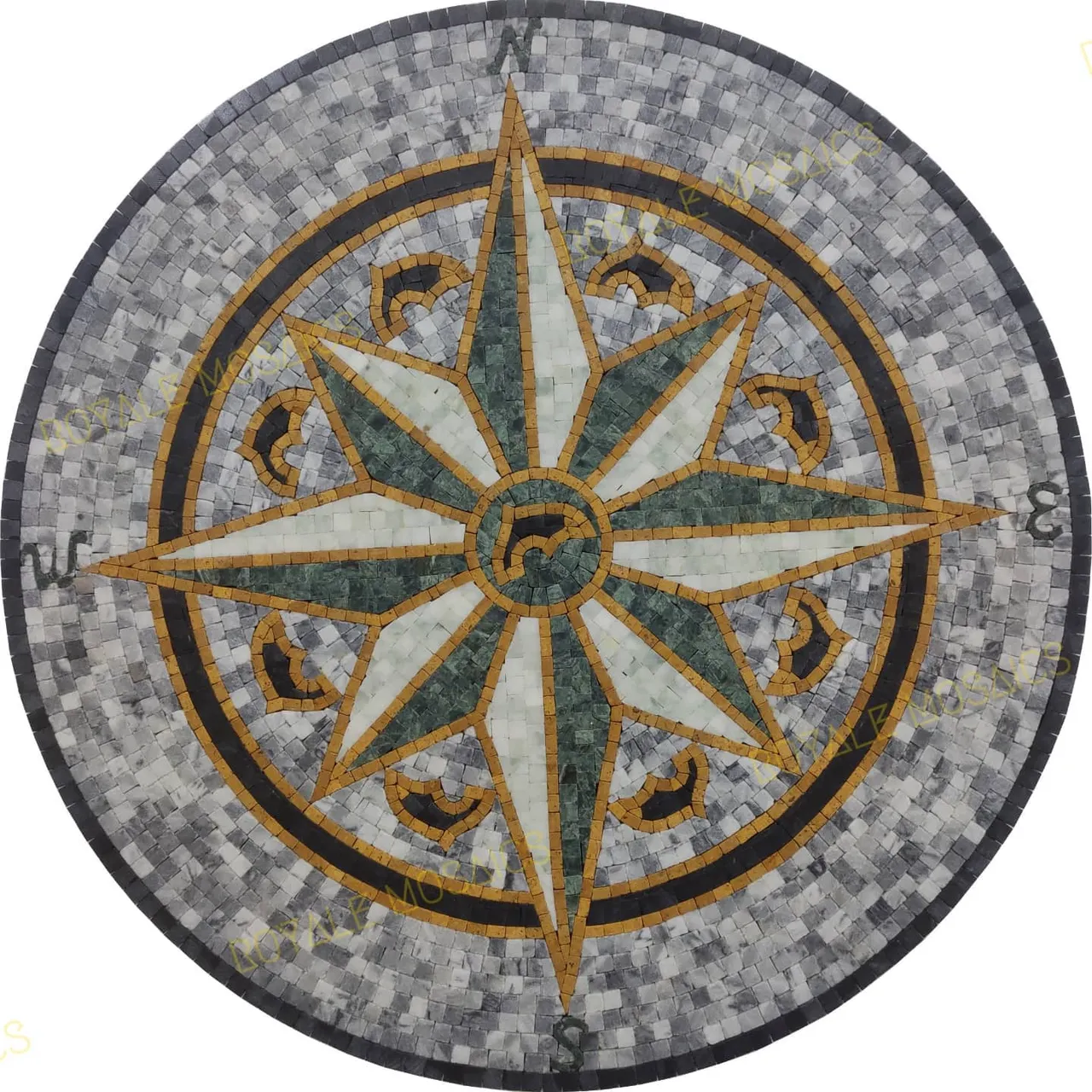 #grey #black #fish #compass #nautical #marblemosaic #mosaic #star #floor #wall #green