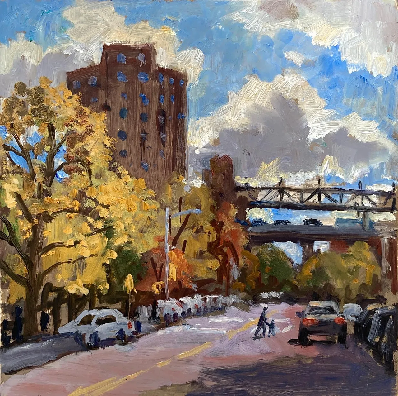 Bright end of autumn skies on the Lower East Side, looking down Columbia Street toward the Williamsburg Bridge. 8x8 oil on panel #pleinaircityscapes #pleinairnyc #lowereastsideart #nycimpressionist #paintingfrommycar #avenued #paintingsofthelowereastside #pleinairpainter #newyorkcityscape