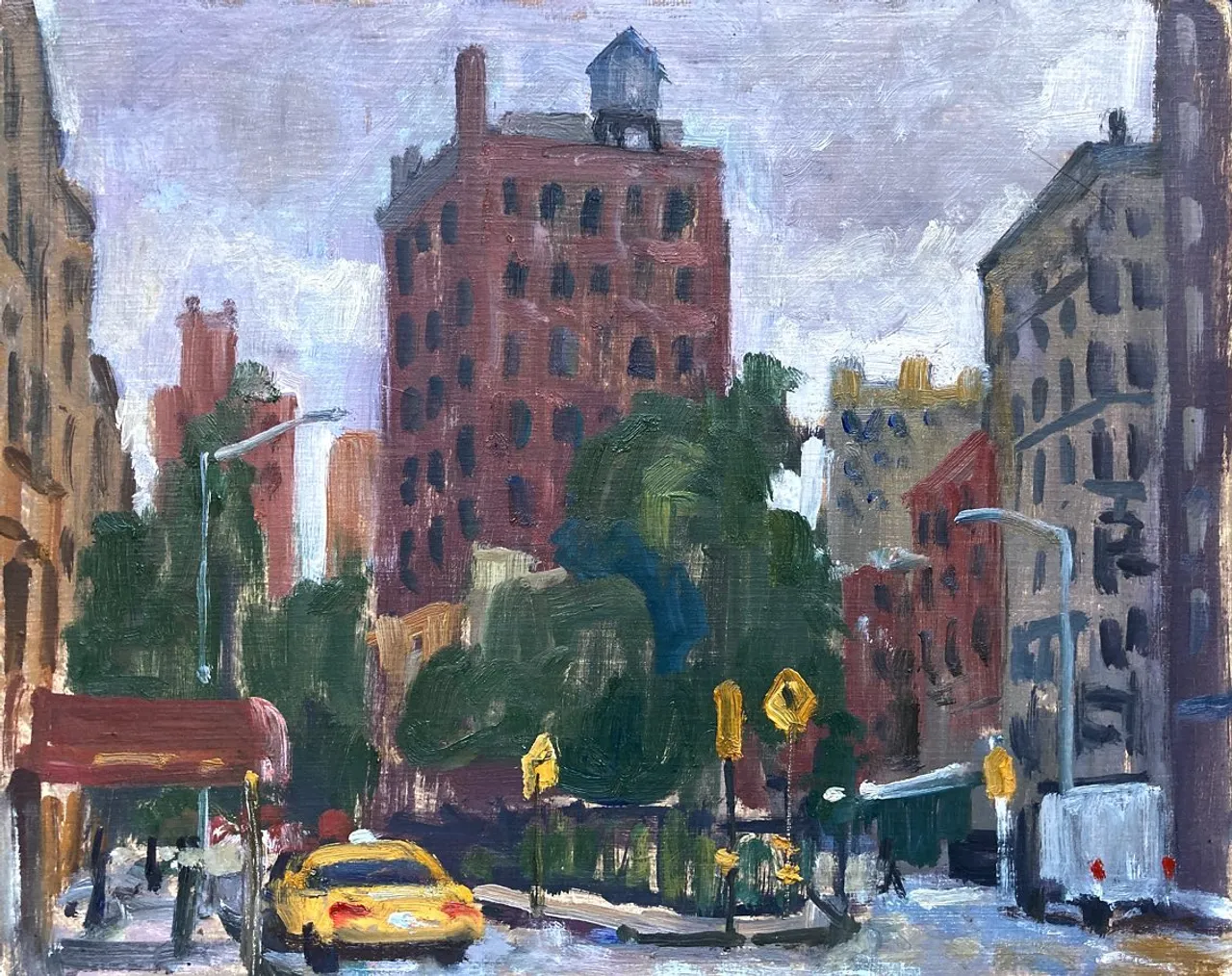 West Village, overcast. 8x10 oil on panel, available, link in bio  #newyorkcityscapepaintings #paintingsofnyc #paintingsofgreenwichvillage #paintingsofnewyork #westvillagepaintings #paintingsofnyc #sheridansquarenyc