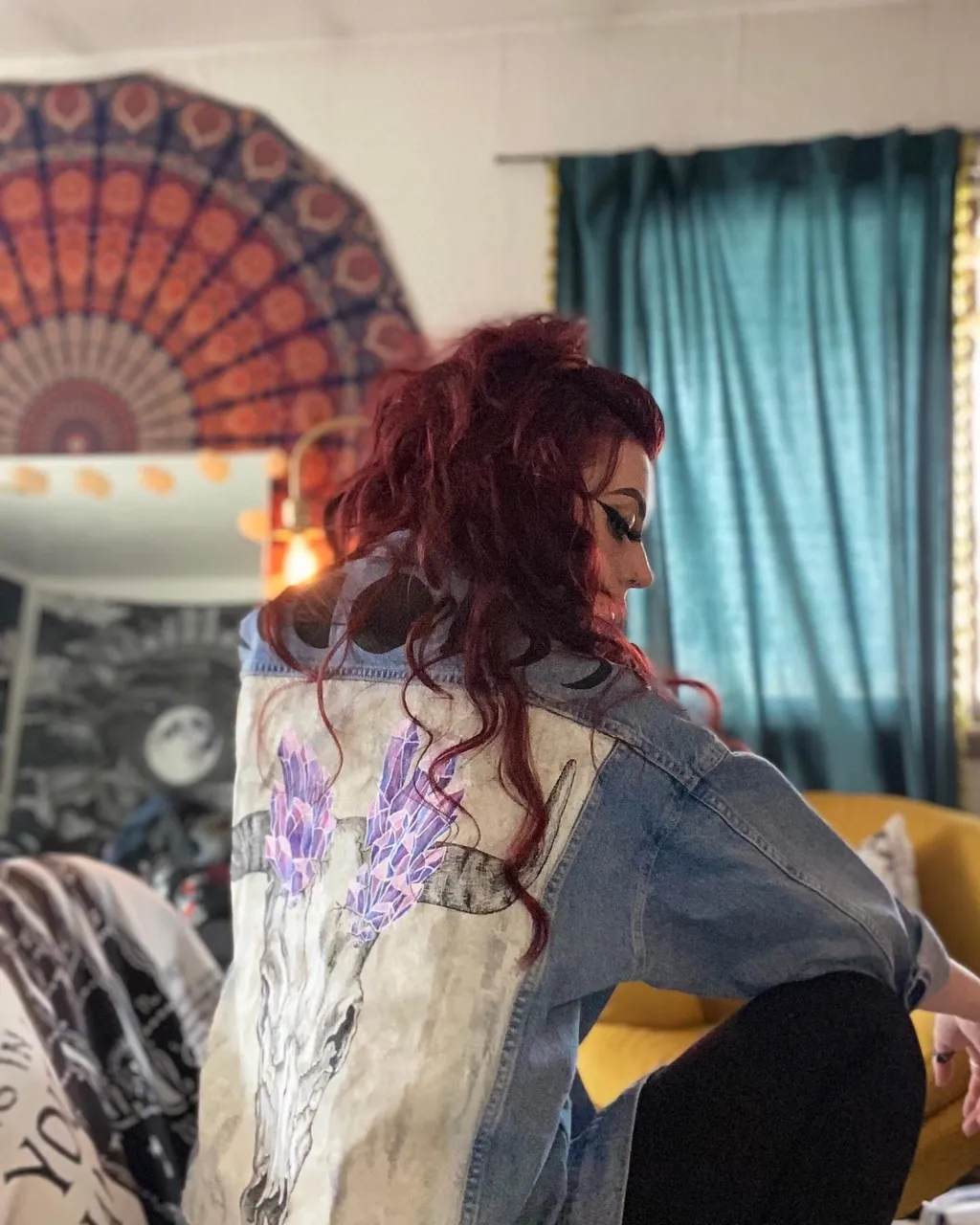 "C R Y S T A L S"
.
.
Custom piece, women's over sided Jean jacket
Available now Link-in bio🌙
#custommade #handpainted #jeanjacket #custommadejeanjacket 
#cowskull #moonphases #crystals