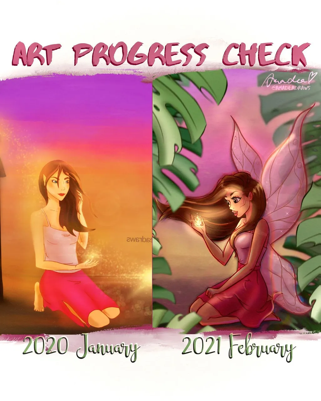 Swipe to see Art Progress On Slide 3! ♥️What was your first digital art piece? I would love to know please comment or message me!😍
.
Guys I totally forgot to post the final artwork for this piece and I am so happy I remembered just now🙈
.
This was a redraw of my very first original digital art piece from one year ago. While we are getting hyped for Mermay, I thought I’d show how much learning and hard work will always pay off. And I cannot wait to redraw this piece again next year👏🏼🔥 
.
🥰Story of how I got started:
I remember so vividly how excited I was to receive my tablet from my husband for Christmas last year and dove right in to make my first piece. 👏🏼
.
💞Of course I immediately got so frustrated because digital Art looks like it’s just erasing layers turning into magical art with a hint. But it’s well.. a lot more than that 🤣
.
I soon learned that it’s gonna take countless hours, frustrations and trying over and over till maybe one day in a million years if I work very hard I will be able to bring my vision to life. 🥰
.
🧚‍♀️Here in my imagination that day a year ago was a fairy, holding a spark in her hand with a magical pink sunset and some fiery torches and palm trees around her on a beach. 🏝 
Well you can see my first shot at it! 🤣 
.
Happy to say that now a year later I am so so amazed and excited how much I grew and learned. 😭🙈 Even then, the learning and the journey is still only beginning but I am so excited to soak up and cherish every single second of it! 💞
.
❣️❣️❣️And you guys are the best for sticking around for every second of it and I feel so incredibly lucky and blessed. Love you guys SO Much!!!! 😭💖💖💖
.
Hope you love the new version! Stick around to see my redraw next year! Hehe 🤪💖✨
.
.
.
.
.
.
.
.
.
.
.
#februfairy #redrawchallenge #redraw #redrawing #fairylandminifee #fairytailedit #disneyfairytaleweddings #disneyfairies #disneychristmas #disneyredraw #disneyprincessbooks #disneyprincess #princesscosplay #drawthisinyourstyle #drawthisinyourstylechallenge #drawthisinyo