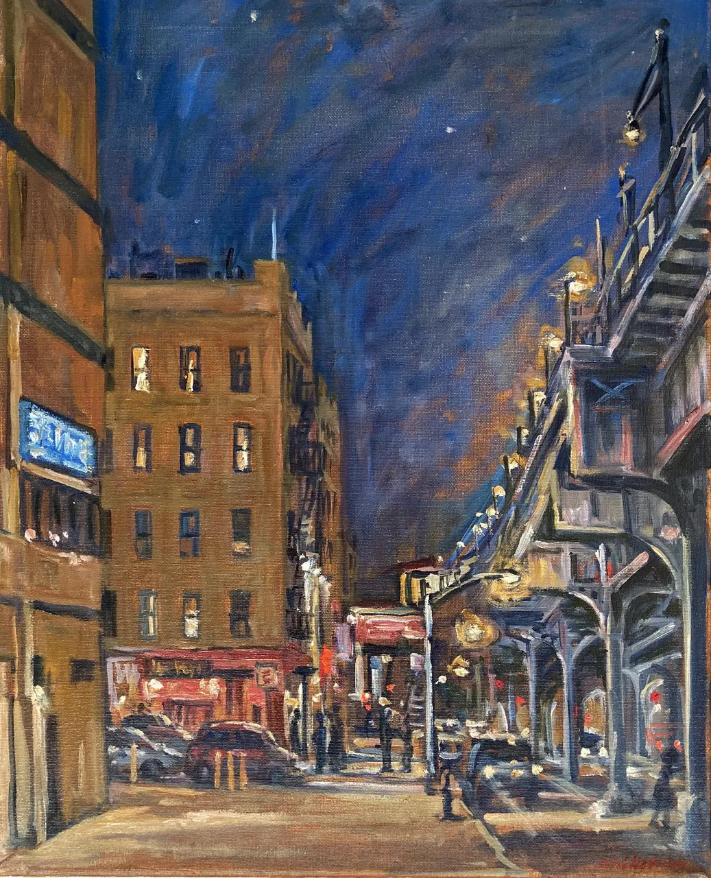 Here’s an oldie, with a story. I painted it from under the 1 train on 10th Avenue, soon after we moved back to New York in 2013. For some reason I was self conscious about setting up behind my easel there. I wanted to be inconspicuous. So I sat on the ground under a streetlamp. I learned that while it can be done, the ground gets really cold and it’s really awkward to try to hold a large-ish canvas between your knees and not get paint all over yourself. I’ve always enjoyed thinking about it when I look at it. I’m sending it off today, hopefully the new owners will find the back-story amusing. Also, now when I set up at night I always use an easel. 16x20 oil on canvas #newyorknocturne #nycnocturne #Cityscapenocturne #nocturnepainting #nycnightpainting #newyorkrealism #newyorkcityscapepainting #paintingsofnyc#newyorknightscene #nightcityscapepainting #nightpaintings #paintingsofinwood#classicnyc#pleinairpaintings #pleinairnightscenes #elevatedsubways