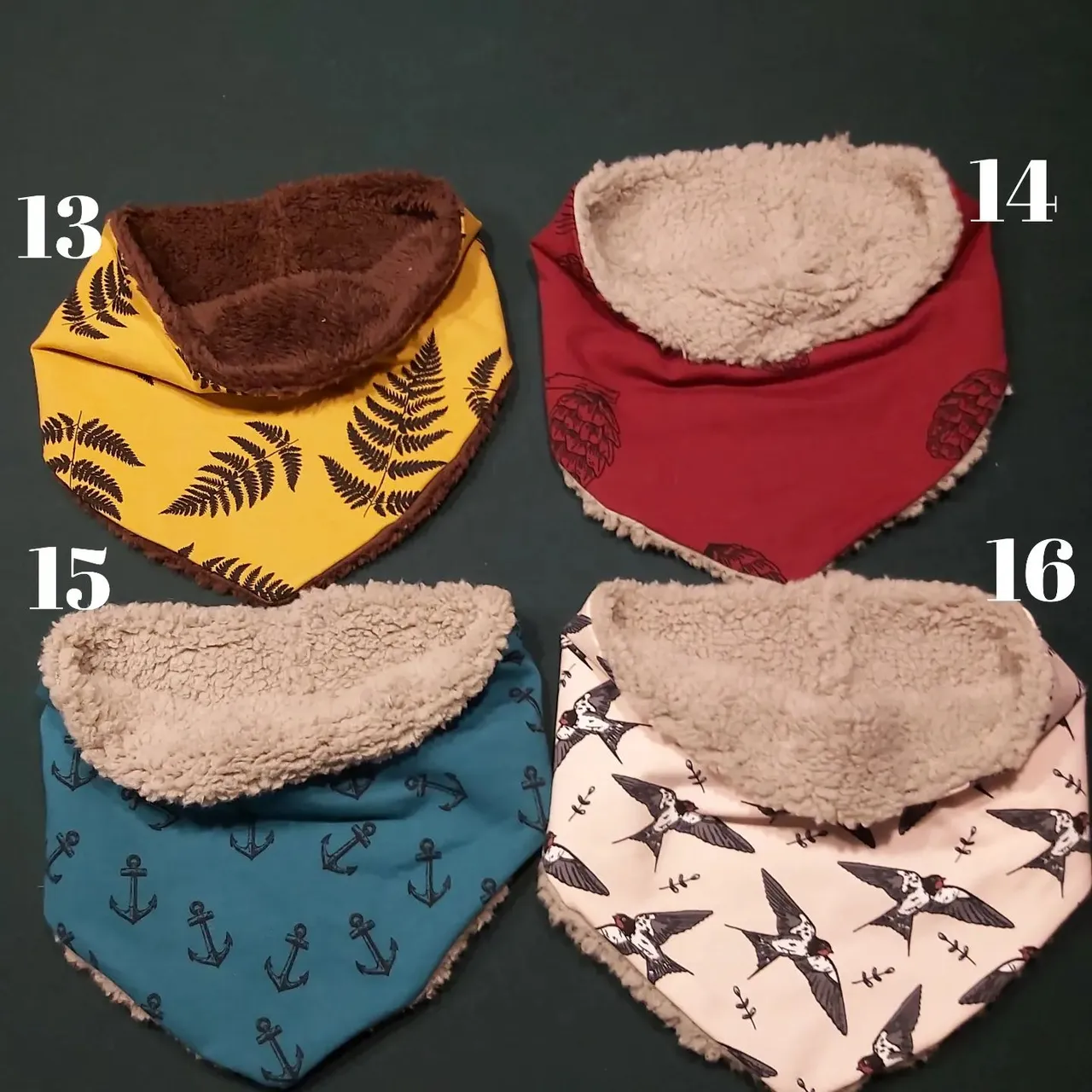 Looking for a last minute gift? We have a number of our super snuggly bandana snoods made up and ready to collect or post. Small suitable upto 5 years £12 medium 6 years to small teen £12, large for teen to adult £14. We can post with 24hour tracked for £2.
1. Small cranes
2. Small walrus
3. Small anchors
4. Small dinos
5. Small pinecone
6. Small fern
7. Small swallows
8. Small foxes-SOLD
9. Medium dogs
10. Medium cranes
11. Medium fern
12. Medium walrus
13. Large fern
14. Large pinecone
15. Large anchors
16. Large swallows
#lastminutegift #lastminute.com #xmasgift #snood #babyhood #toddlersnood #kids snood #bandanasnood #fleecesnood #sherpafleece