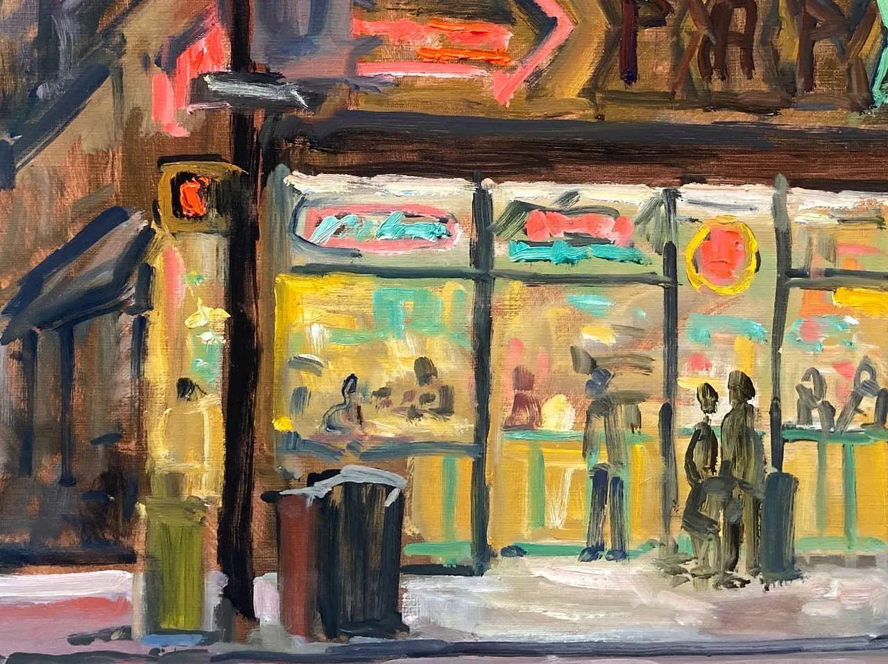 The Last Days of the Papaya King. Set off last night on a mission to paint a large night scene of this fine NYC establishment. It’s living out its last decrepit days on the upper east side. 86th street was once a bustling honky-tonk strip, with movie theaters and neon lights. Appropriately, the King is the last standing. With a nod of gratitude to Henri, Sloan, Luks, Marsh et al for the inspiration to go out and paint the city at night. 18x24 oil on linen, available #newyorknocturne #papayakingnyc #Cityscapenocturne #nocturnepainting #nycnightpainting #newyorkrealism #newyorkcityscapepainting #paintingsofnyc#newyorknightscene #nightcityscapepainting #nightpaintings #nycdeli#classicnyc#newyorkstorefronts #nycstorefronts#pleinairpainting