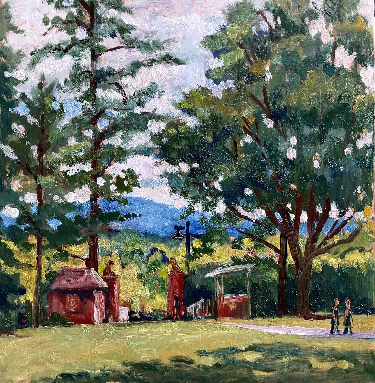 Tanglewood is a pleasant place to listen to music and then hang around and paint a bit. Yo-Yo Ma was playing the Elgar concerto today. The painting is from over by the side entrance, Lions Gate. 8x8 oil on panel, available #lenoxmassachusetts #bostonsymphonyorchestra #originalfineart #pleinairlandscapepainting #pleinairsummer #pleinairpainting #allaprimalandscapeoilpainting #berkshirespleinair #paintingsoftheberkshires #paintingsoftanglewood #tanglewoodmusicfestival #tanglewoodmusiccenter #yoyoma