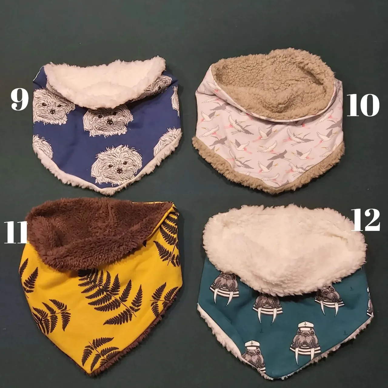 Looking for a last minute gift? We have a number of our super snuggly bandana snoods made up and ready to collect or post. Small suitable upto 5 years £12 medium 6 years to small teen £12, large for teen to adult £14. We can post with 24hour tracked for £2.
1. Small cranes
2. Small walrus
3. Small anchors
4. Small dinos
5. Small pinecone
6. Small fern
7. Small swallows
8. Small foxes-SOLD
9. Medium dogs
10. Medium cranes
11. Medium fern
12. Medium walrus
13. Large fern
14. Large pinecone
15. Large anchors
16. Large swallows
#lastminutegift #lastminute.com #xmasgift #snood #babyhood #toddlersnood #kids snood #bandanasnood #fleecesnood #sherpafleece