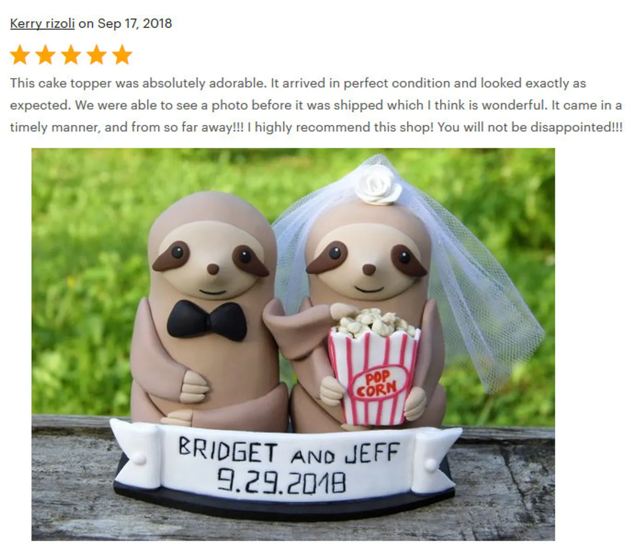 One customer, well taken care of, could be more valuable than 10,000$ worth of advertising" Jim Rohn" 
Thanks Kerry for the awesome review 
#Etsyseller #Etsy #weddingcaketopper #weddingcakeideas #weddingcaketoppers #animals #animlacaketopper #animalwedding #sloth #sloths #brideandgroom #smallbusinessowner #etsyshop #etsyreview #happycustomers #slothfigurine #customcaketopper #personalized #personalizedgifts #weddinggifts #personalizedcake #weddingcake #personalizedweddingcaketopper