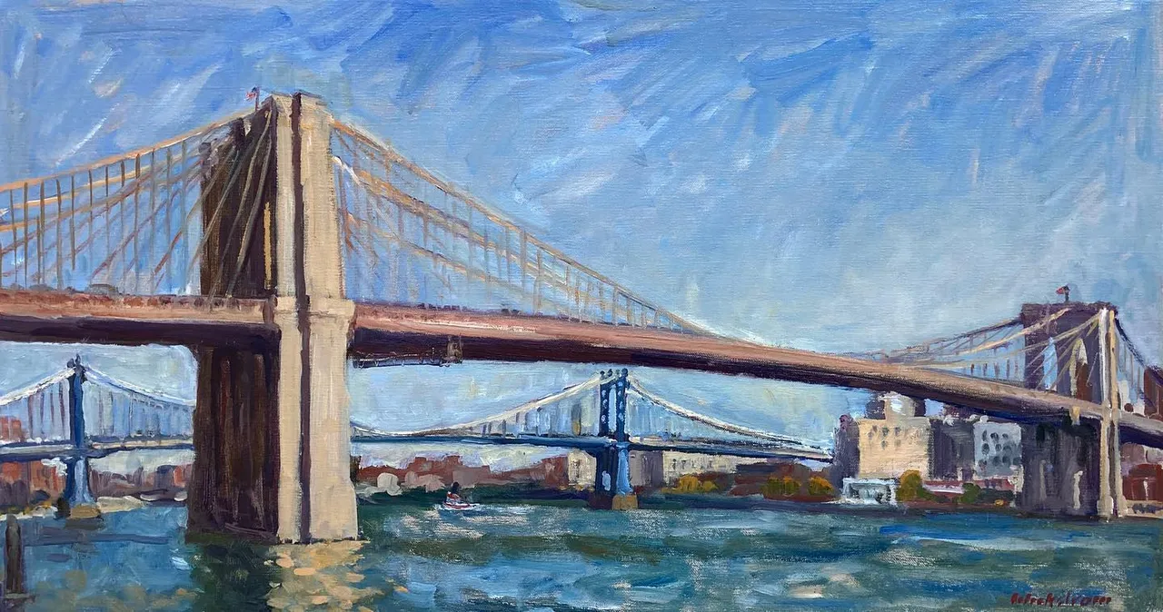 I had about an hour to work on a second painting yesterday, and instead of doing the sensible thing and packing up, or working on something small, this happened. Second photo is the set up. 14x26 on linen, available #paintingsofthebrooklynbridge  #paintingsofthemanhattanbridge #manhattanbridgenyc #eastriverpainting #twobridgesnyc #nyclandscapepainting #brooklynbridgeart #newyorkartwork #classicnyc #nyclandmarks #pleinairpainting #pleinairnyc #pleinaircityscape