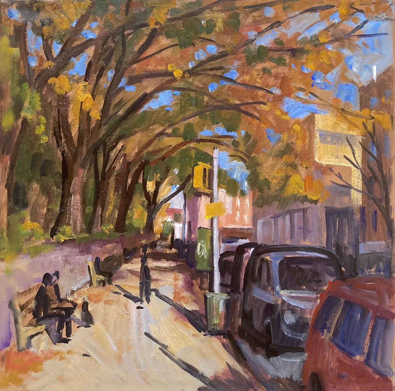 Wednesday in Inwood. Thanksgiving hadn’t even happened yet. Pretty soon no leaves till May. 16x16 on linen, DM me for availability #autumninnewyork #nycoilpainting #paintingsofinwood #pleinairpainting #pleinaircityscape #inwoodnyc