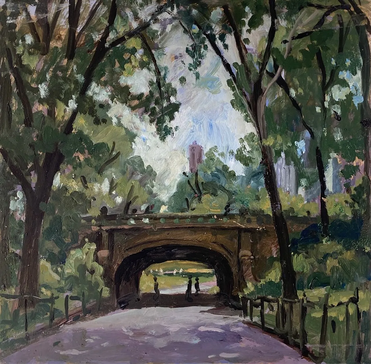 The second of 3 New York Cityscapes yesterday. Silver midday light on a shady west side path in Central Park. This is the #daleheadarch. I’m calling it a cityscape because it’s done in NYC, and there are a few buildings through the trees, if you look closely. 12x12 oil on panel, available, link in bio #paintingsofnyc #paintingsofcentralpark #paintingsoftheupperwestside #nyclandscapepainting #newyorkcityscapepaintings