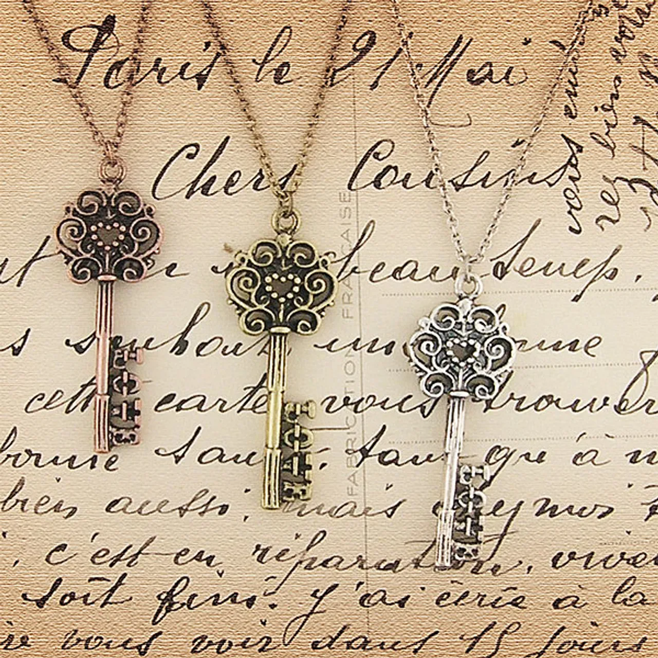 LAVISHY 883-102 vintage style key of love necklace: From Flare collection by LAVISHY, this handmade vintage style key of love pendant necklaces were original designs of LAVISHY. We are quit proud of this design where you place a heart shape in the middle of the top part the key and LOVE at the end of the key. They make great gifts for your loved one.
Base metal: Zinc alloy
Plating: Imitation silver, gold, brass, antique silver & antique gold
Safety: Nickel & lead free, non-allergenic / hypo-allergenic
Measurement:
 -Pendant:  inch /  cm
 -Chain: 18 inch with 2 inch extension chain LAVISHY logo tag
Wholesale available at www.lavishy.com with other unique & fun fashion jewelry for gift shop & boutique buyers. We ship worldwide since 2001.