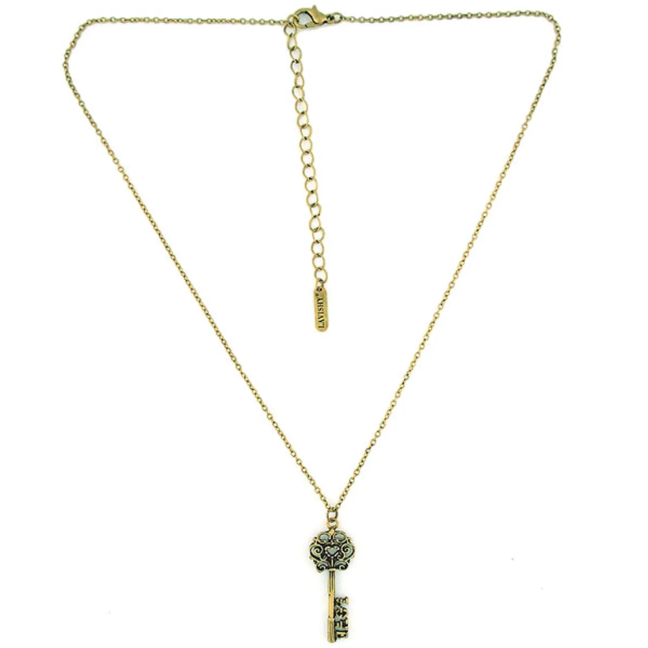 LAVISHY 883-102 vintage style key of love necklace: From Flare collection by LAVISHY, this handmade vintage style key of love pendant necklaces were original designs of LAVISHY. We are quit proud of this design where you place a heart shape in the middle of the top part the key and LOVE at the end of the key. They make great gifts for your loved one.
Base metal: Zinc alloy
Plating: Imitation silver, gold, brass, antique silver & antique gold
Safety: Nickel & lead free, non-allergenic / hypo-allergenic
Measurement:
 -Pendant:  inch /  cm
 -Chain: 18 inch with 2 inch extension chain LAVISHY logo tag
Wholesale available at www.lavishy.com with other unique & fun fashion jewelry for gift shop & boutique buyers. We ship worldwide since 2001.