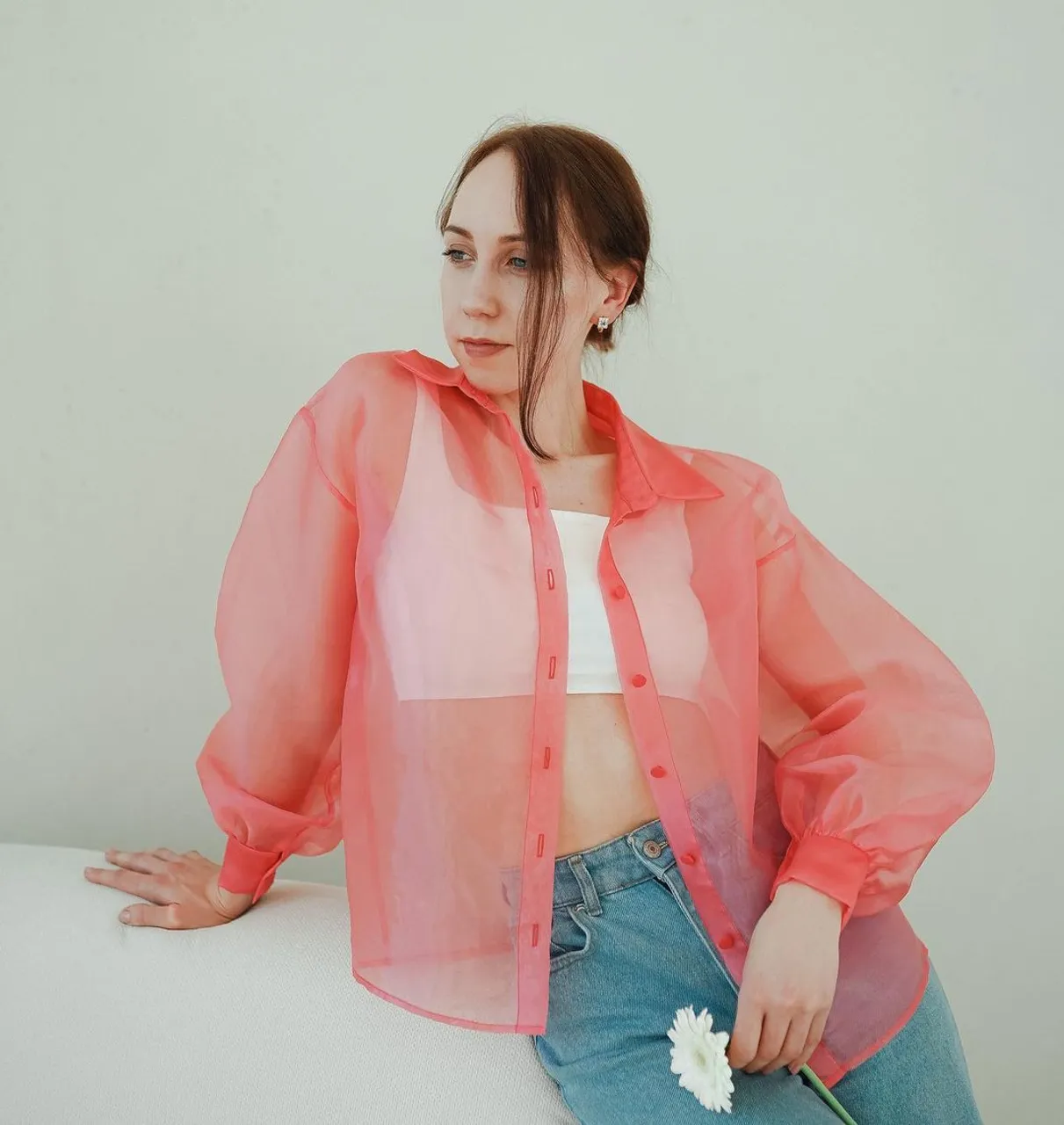 NEW COLOR BLOUSE 

Blouse in bright peach color from organza, straight cut, with voluminous sleeves