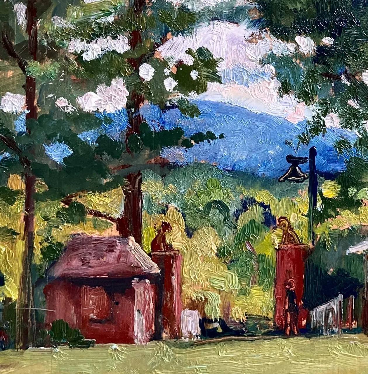 Tanglewood is a pleasant place to listen to music and then hang around and paint a bit. Yo-Yo Ma was playing the Elgar concerto today. The painting is from over by the side entrance, Lions Gate. 8x8 oil on panel, available #lenoxmassachusetts #bostonsymphonyorchestra #originalfineart #pleinairlandscapepainting #pleinairsummer #pleinairpainting #allaprimalandscapeoilpainting #berkshirespleinair #paintingsoftheberkshires #paintingsoftanglewood #tanglewoodmusicfestival #tanglewoodmusiccenter #yoyoma