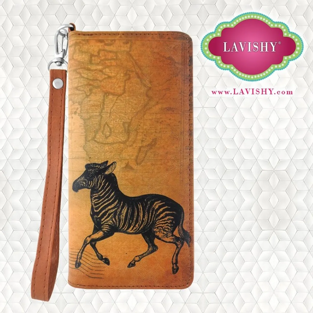 From Viaggio (Italian for #travel) collection designed by vegan brand LAVISHY, this cool printed unisex wristlet large wristlet wallet features vintage style zebra illustration on the background of old map.
It's fun, functional & fabulous. This wristlet is great for everyday and wonderful for travel--it is roomy inside to carry smart phone and passport. There is a full length bill compartment each side to carry different currency when you travel internationally.
Made with Eco-friendly vegan materials that are toxic-free, recyclable and biodegradable .
Exterior: Faux/vegan leather
Interior: Faux/vegan leather & Nylon
- 1 photo ID pocket
- 12 card slots
- 1 built-in zipper pocket to keep change & receipts
- full zipper closure
- detachable wristlet strap
- comes with FREE unique and beautiful LAVISHY gift box to make gift giving easier and more fun
Measurement: 3.9 x 7.5 x 0.8 in / 10 x 19 x 2 cm
Wholesale available at www.lavishy.com to gift shops, clothing and fashion accessories boutiques in Canada, USA and worldwide since 2001