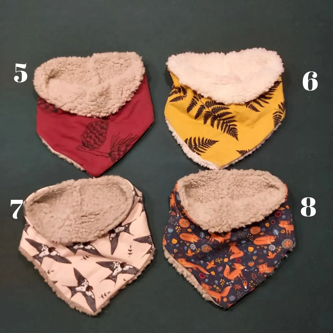 Looking for a last minute gift? We have a number of our super snuggly bandana snoods made up and ready to collect or post. Small suitable upto 5 years £12 medium 6 years to small teen £12, large for teen to adult £14. We can post with 24hour tracked for £2.
1. Small cranes
2. Small walrus
3. Small anchors
4. Small dinos
5. Small pinecone
6. Small fern
7. Small swallows
8. Small foxes-SOLD
9. Medium dogs
10. Medium cranes
11. Medium fern
12. Medium walrus
13. Large fern
14. Large pinecone
15. Large anchors
16. Large swallows
#lastminutegift #lastminute.com #xmasgift #snood #babyhood #toddlersnood #kids snood #bandanasnood #fleecesnood #sherpafleece