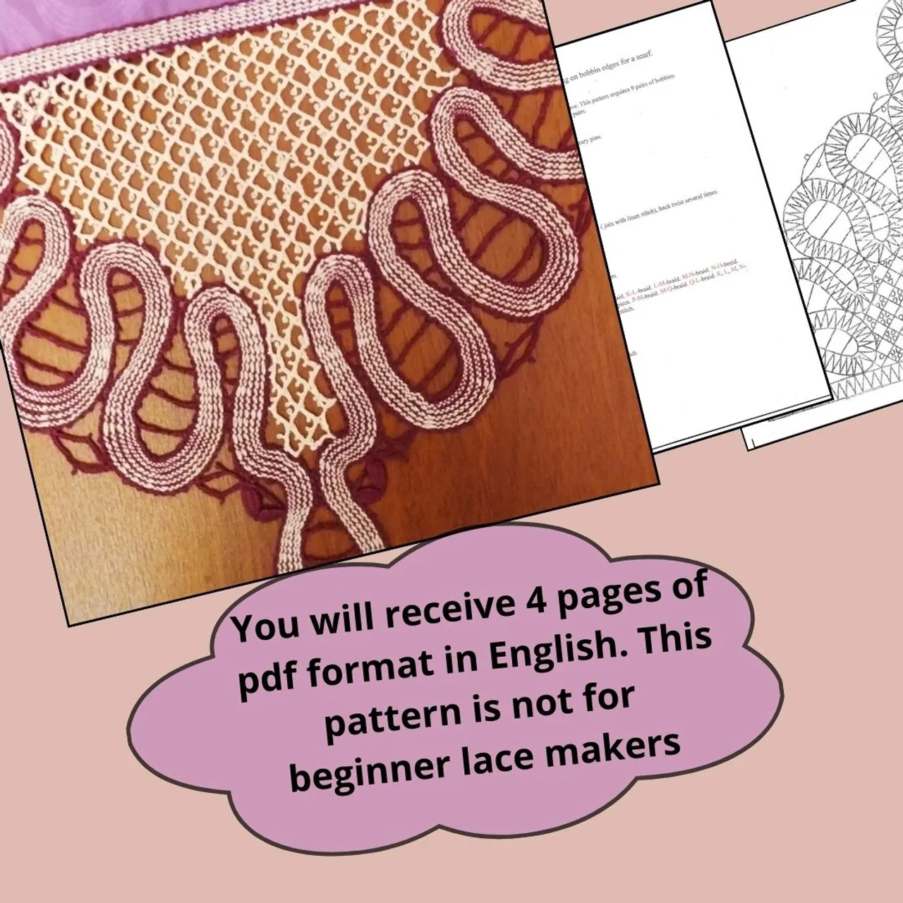 Detailed patterns with instructions for making lace edges for a scarf.