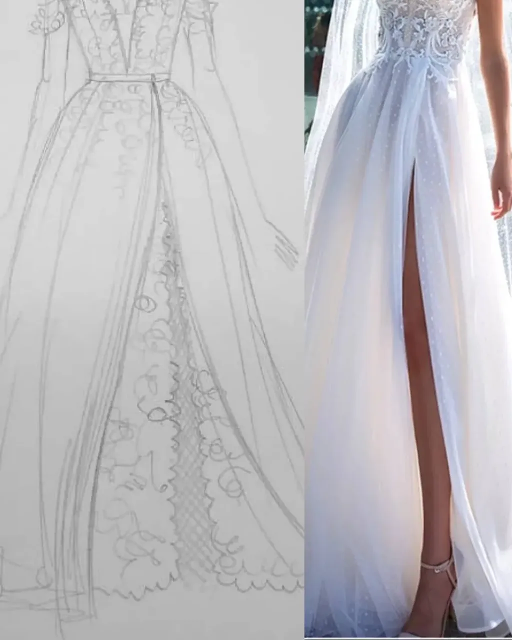 Each of you, when you come to our atelier, has your own vision of a wedding dress. Sometimes this vision is very clear, and sometimes it requires additional design from us. No matter what your expectations are, we always give our best. 😉
 
In the photos in this post you can see the design of a wedding dress made for our bride Michaela from Port hadlock (USA). Michaela liked the different pieces of the different wedding dresses. But she wanted to see what they would look like when we put them together. 🥰 As a result, we designed a two-piece wedding dress:
👉 lace mermaid wedding dress
👉 detachable tulle skirt with a deep slit and glitter effect
 
Be sure to follow our profile. Soon we will show you what the already made wedding dress looks like. 😍
---
We sew handmade wedding dresses from scratch! Choose a ready-made wedding dress design, make changes or create your own unique wedding dress. We make on-line orders!
 ---
#weddingatelier #bridalatelier #customweddingdress #weddingdresssketch #bridalgownsketch #twopieceweddingdress #twopiecebridalgown #laceweddingdress #lacebridalgown #mermaidweddingdress #mermaidbriadlgown #detachabletulleskirt #glitterweddingdress #glitterbridalgown #bridals #bridalwear #bridaldress #bridalstyle #bridalinspiration #bridalgown #weddingdressideas #weddinggowns #weddingdays #brideinspiration #brideoftheday #bespokeweddingdress