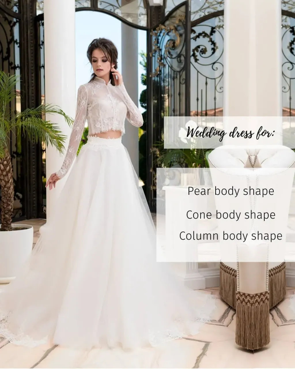 Another tip regarding choosing a wedding dress for your figure. This is a beautiful two-piece wedding dress with a lace top with long sleeves and a stand-up collar and a tulle skirt that widens downwards. This model of a wedding dress will be perfect for: 😉 🔸 Silhouette of a pear - silhouette with small breasts, flat belly, but massive thighs 🔸 Cone silhouette - extended shoulder line, small bust and narrow waist and hips 🔸 Column silhouette - girl figure, flat, with small breasts and narrow hips.
---
Handmade wedding and evening dresses. Buy ready dress or make custom order on our Etsy shop 👉 https://www.etsy.com/shop/AtelierLuckyDress

#bridals #bridalwear #bridaldress #bridalstyle #bridalinspiration #weddingdressideas  #weddinggowns #weddingdays #brideinspiration #brideoftheday #wedding2021 #weddings2021 #2021weddings #weddingdress2021 #weddingplanning2021 #weddingseason2021 #weddingtrends2021 #weddingideas2021 #weddingin2021 #handmadeweddingdress #weddingtips #weddingdresstips #bridalgowntips #weddingseparates #weddingtop #weddingskirt