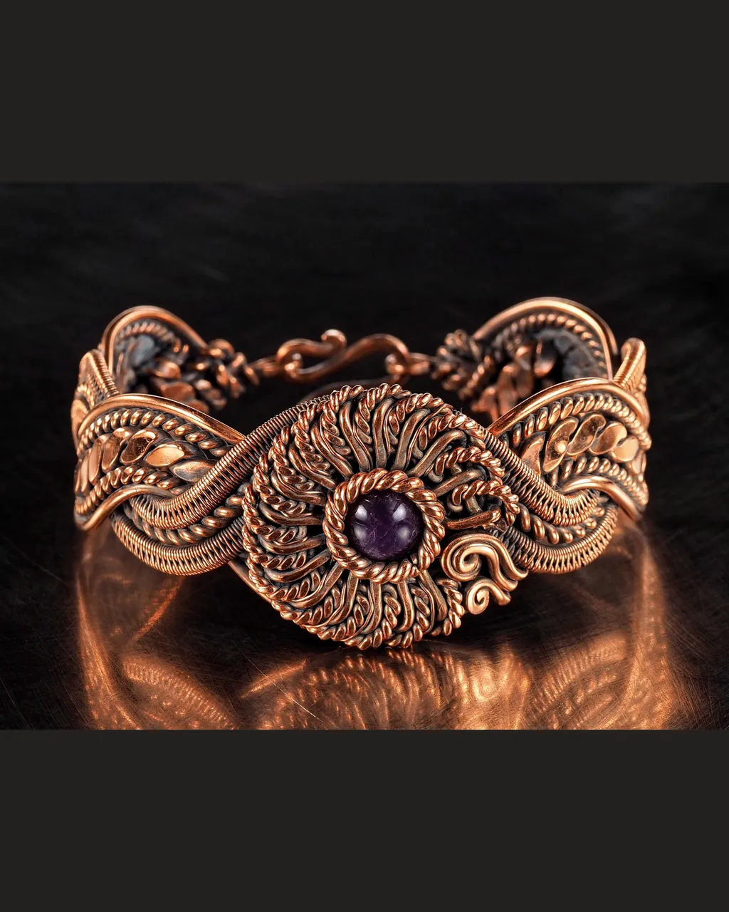 Copper wire wrapped Amethyst bracelet for woman, Statement flower jewelry, 7th Anniversary gift for her woman, Unique copper jewelry, Braided Art Nouveau antique style bracelet, Oxidized pure copper, Handmade
❂ The bracelet is made of pure copper wire and natural amethyst . The copper is artificially aged with patination, which gives an antique look and makes the details of the bracelet more expressive. After patination, the bracelet was polished to a shine, which gives a beautiful aesthetic appearance to the bracelet. The bracelet is covered with a protective varnish to prevent darkening.
You will receive the exact bracelet you see in the photos.
The bracelet can be combined with any wardrobe and emphasize your uniqueness and style.
Bracelet Width:2.6 cm
