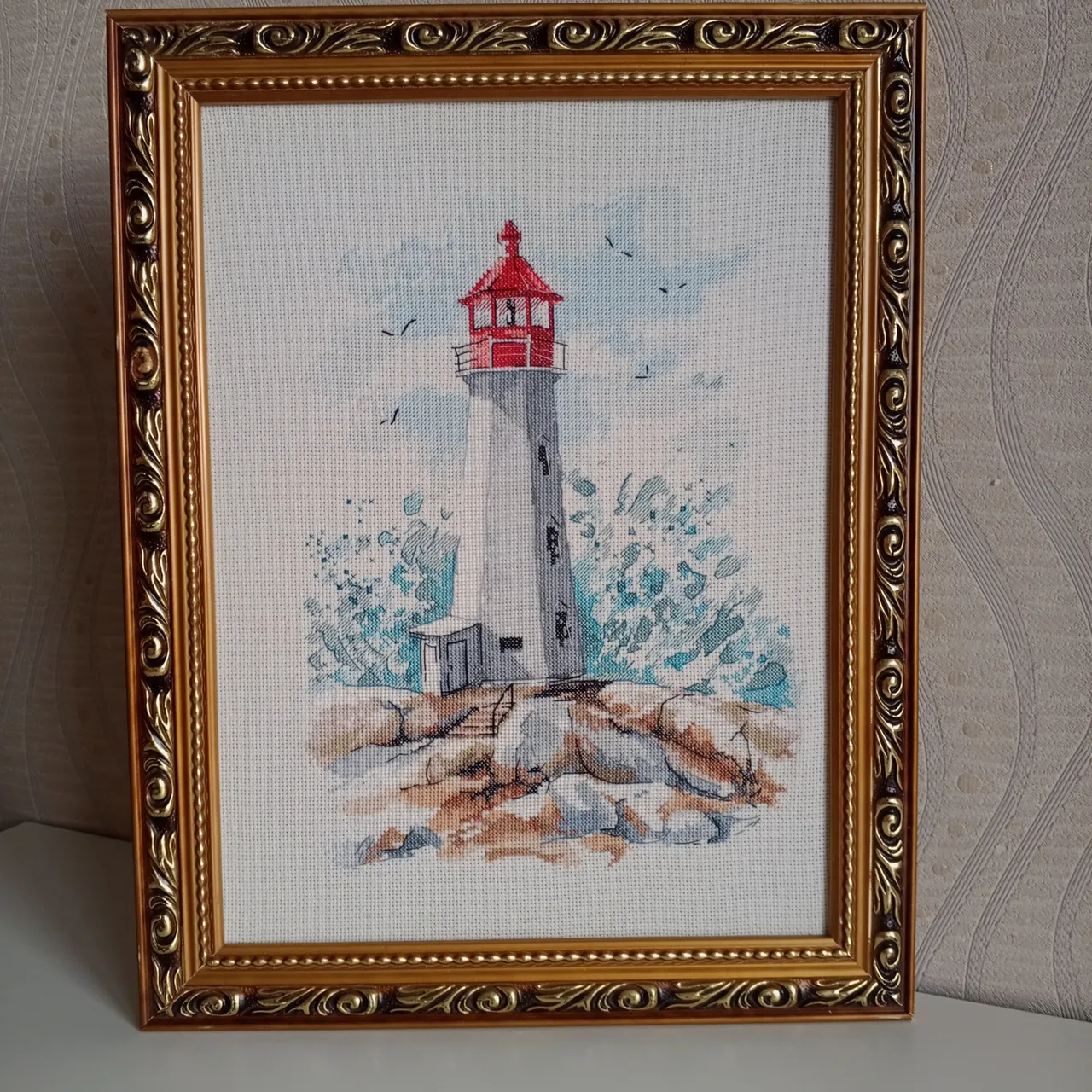 Handmade Lighthouse and Wave painting, Coastal wall art, for home decor, finished cross stitch