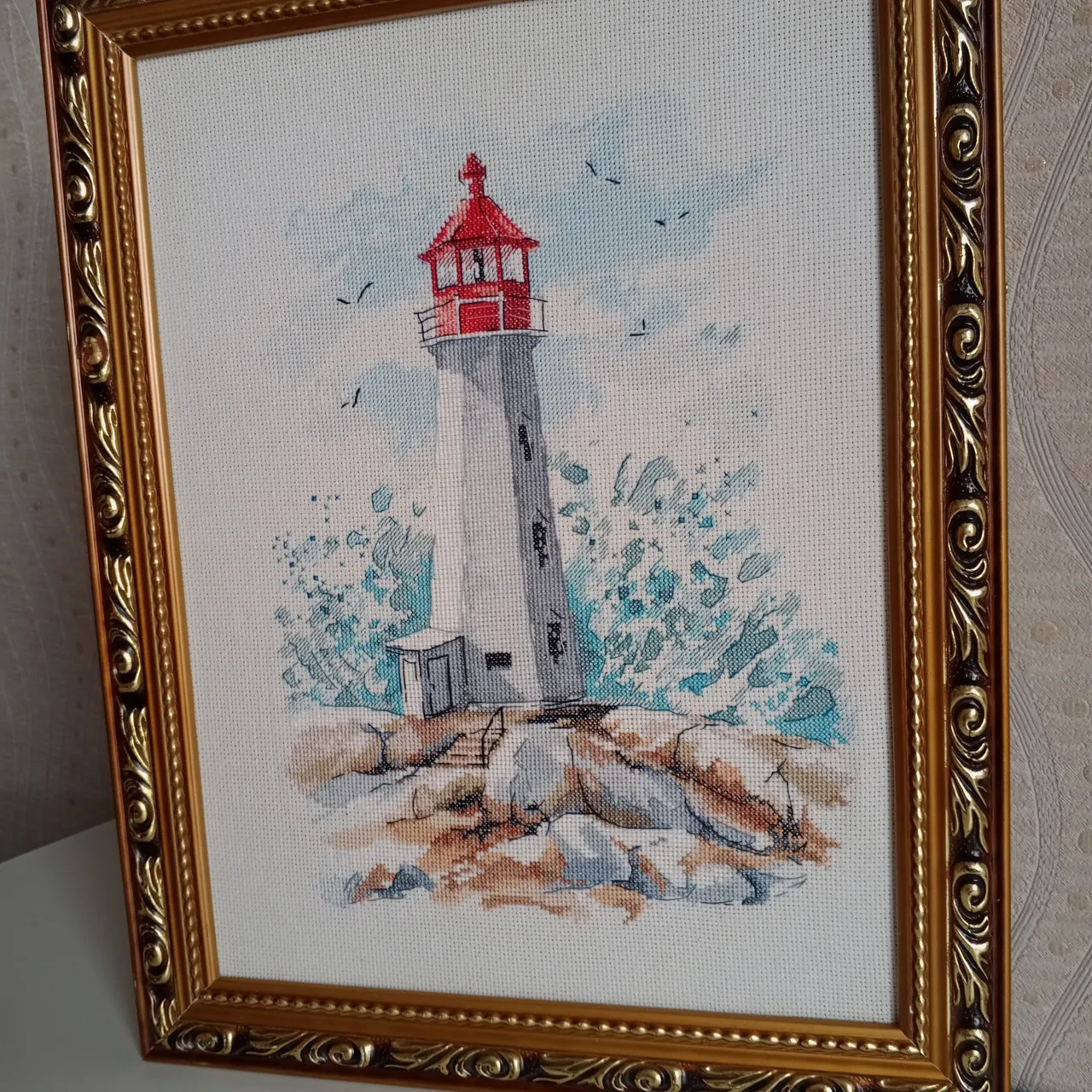 Handmade Lighthouse and Wave painting, Coastal wall art, for home decor, finished cross stitch