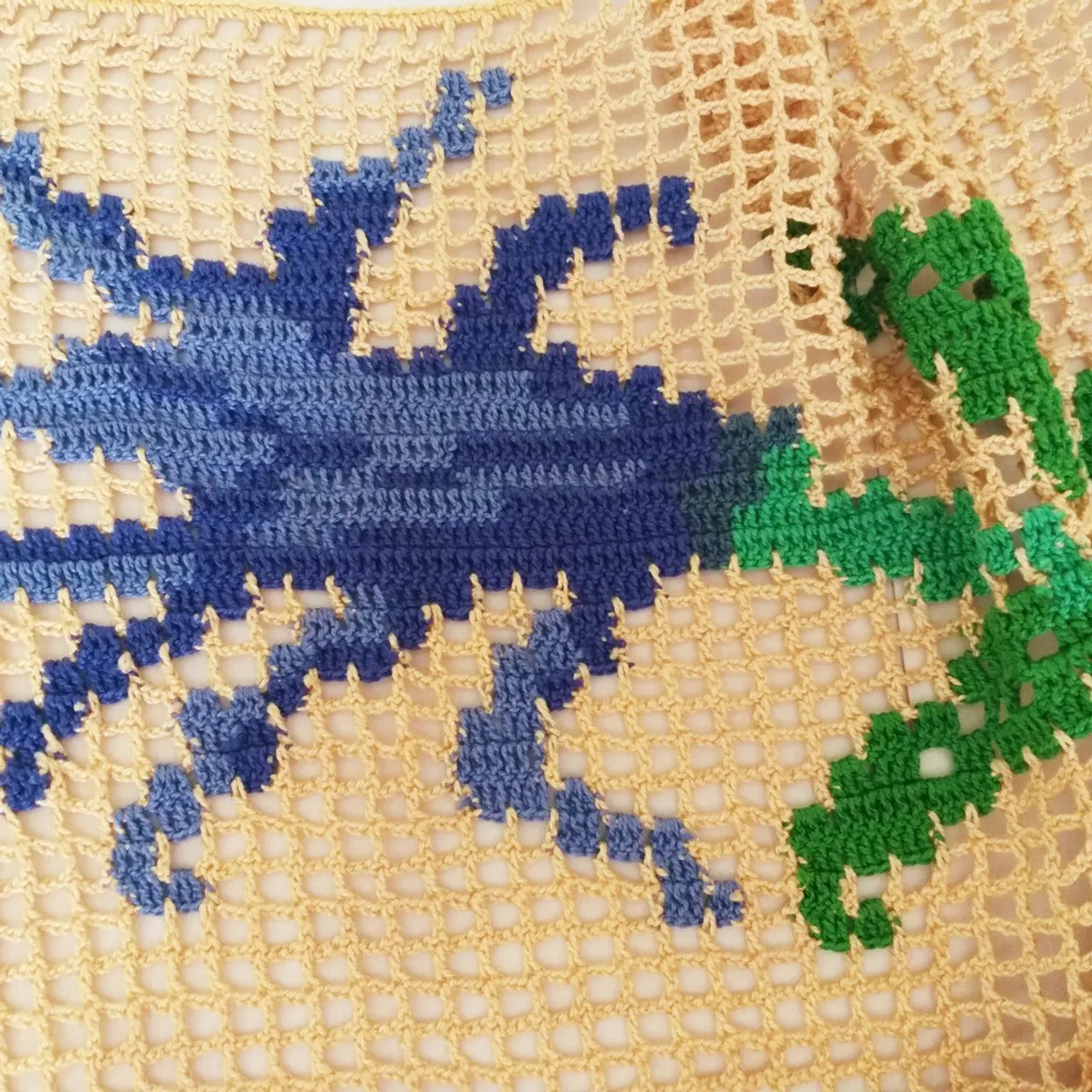 Filet style crochet tablecloth.