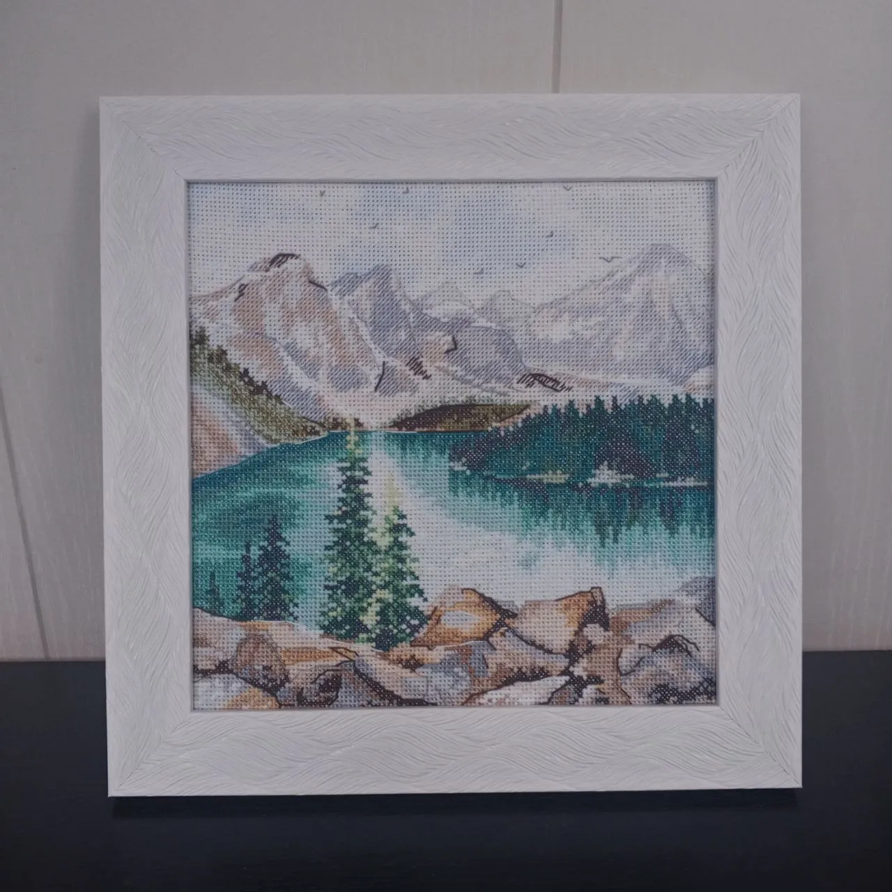 Handmade Moraine Lake painting, Canadian landscape wall art, for home decor, finished cross stitch