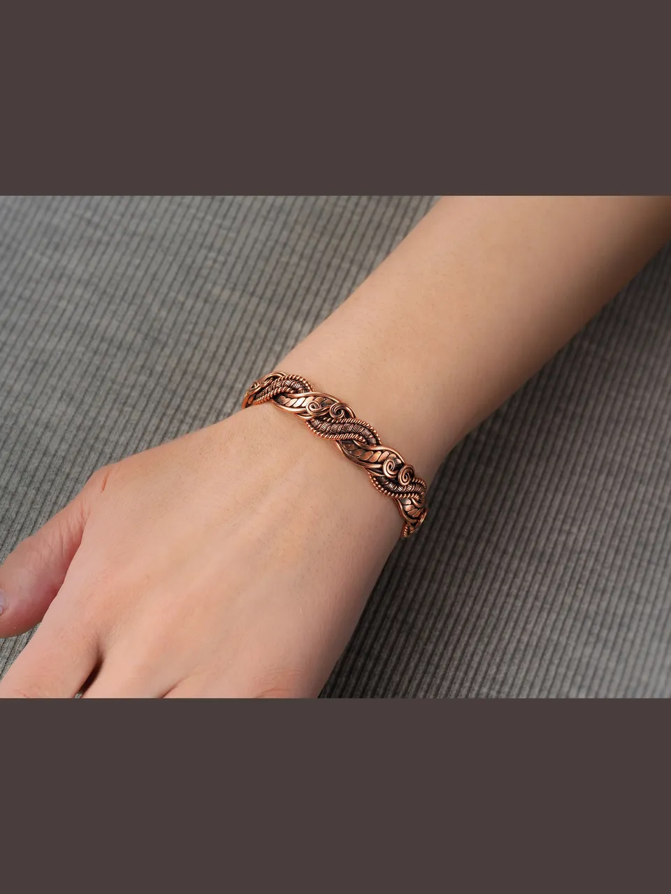 Copper wire wrapped bracelet


❂ The bracelet is made of pure copper wire. The copper is artificially aged with patination, which gives an antique look and makes the details of the bracelet more expressive. After patination, the bracelet was polished to a shine, which gives a beautiful aesthetic appearance to the bracelet. The bracelet is covered with a protective varnish to prevent darkening.
You will receive the exact bracelet you see in the photos.
The bracelet can be combined with any wardrobe and emphasize your uniqueness and style.
.
.
.
copper bracelet,wire wrap bracelet,wire wrapped jewelry,7th Anniversary gift,wire work bracelet,emf protection,oxidized copper,unique bracelet,wire wrap art,pain relief bracelet